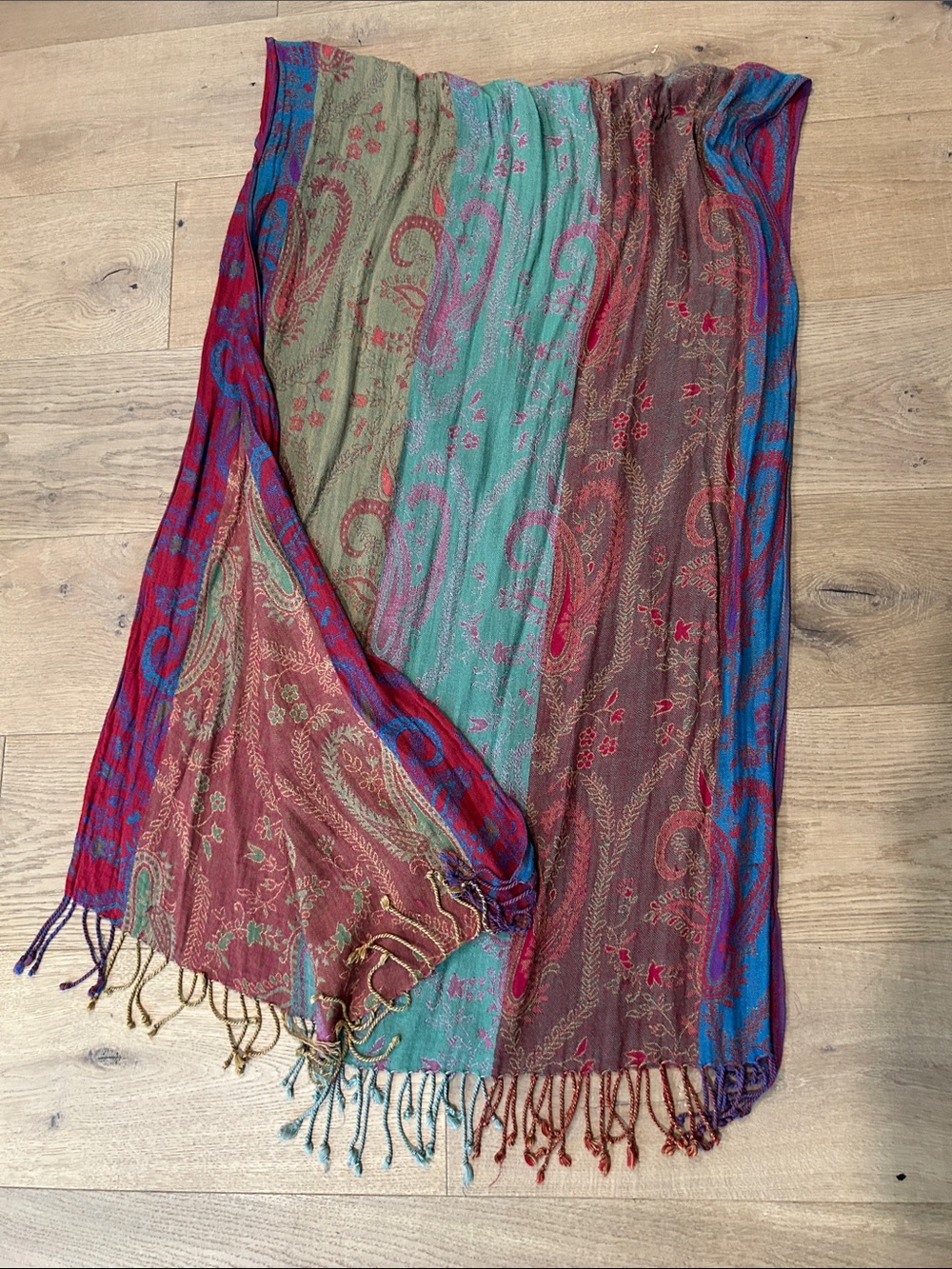 Multicolor Paisley Fringe Scarf - Blue, Teal, Burgundy